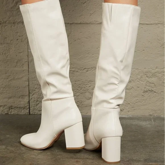Block Heel Knee High Boots in White - Picture 2 of 5